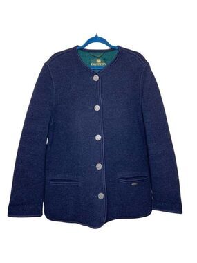 Giesswein Austria Boiled Wool Cardigan Jacket Sz 14 Navy Blue Embossed button